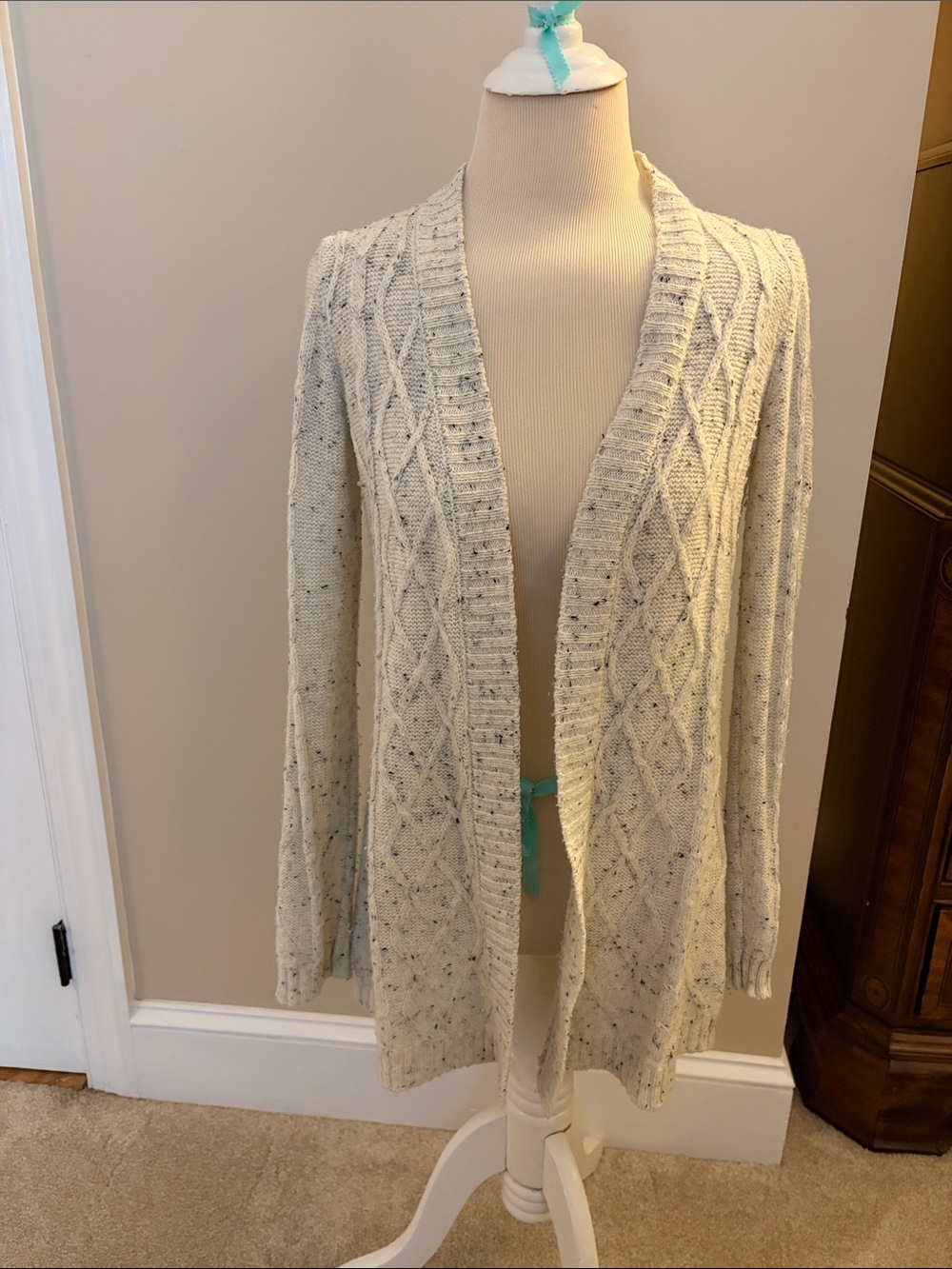 Belldini Cream Speckled Cable-Knit Open Cardigan